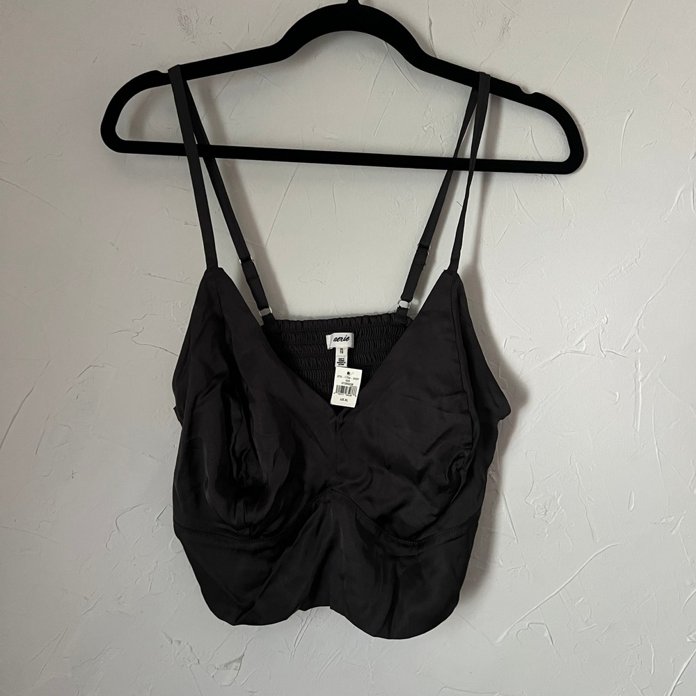 Aerie Cami‎ Crop Top Black NWT Minimalist Coquette Chic Parisian Smocked Size XL